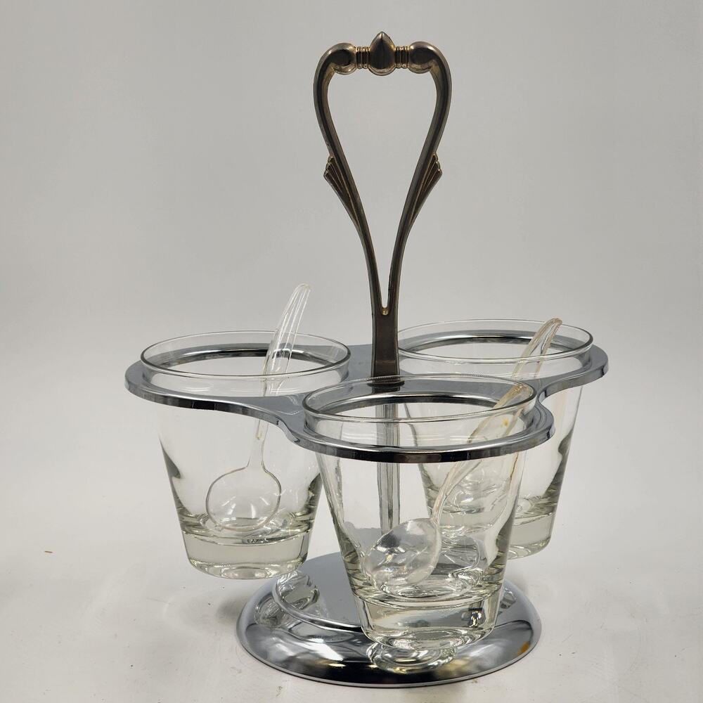 Kromex Condiment Carousel Chrome Caddy 3 Glass Ramekins Spoons MCM Vintage